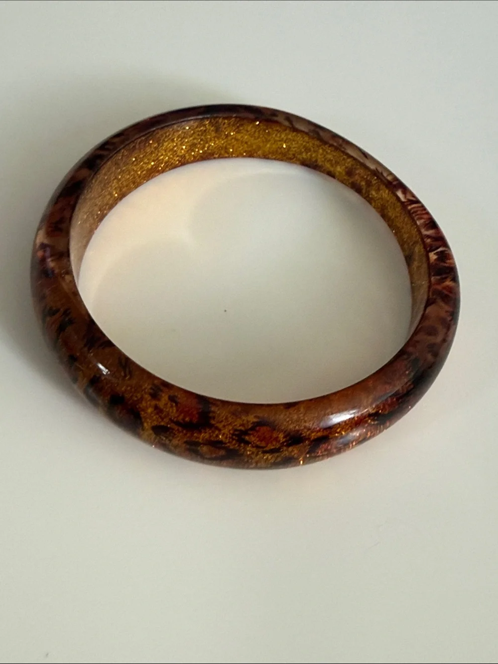 Vintage lucite acrylic bangle bracelet Brown Gold leopard print & glitter 80’s